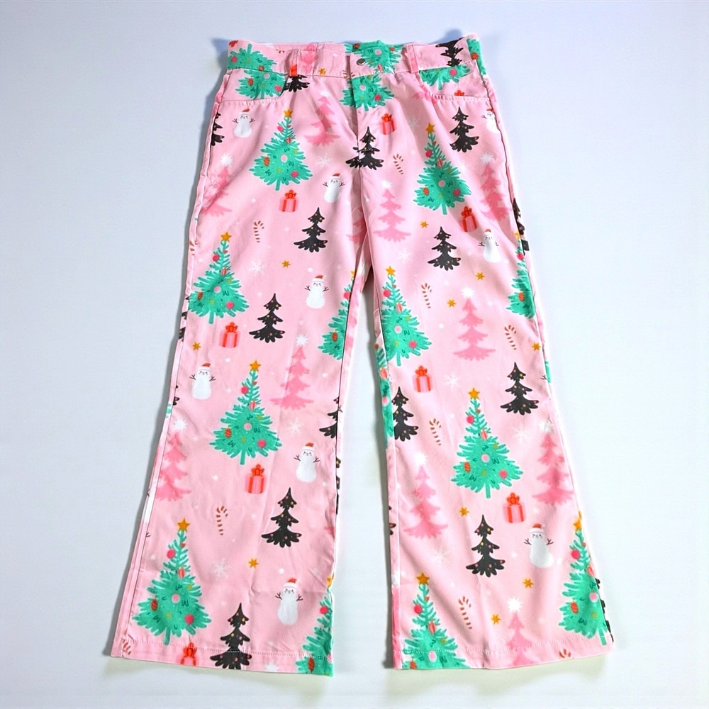 Pink Christmas Tree Snowman Print Wide Leg Holiday Pants Large